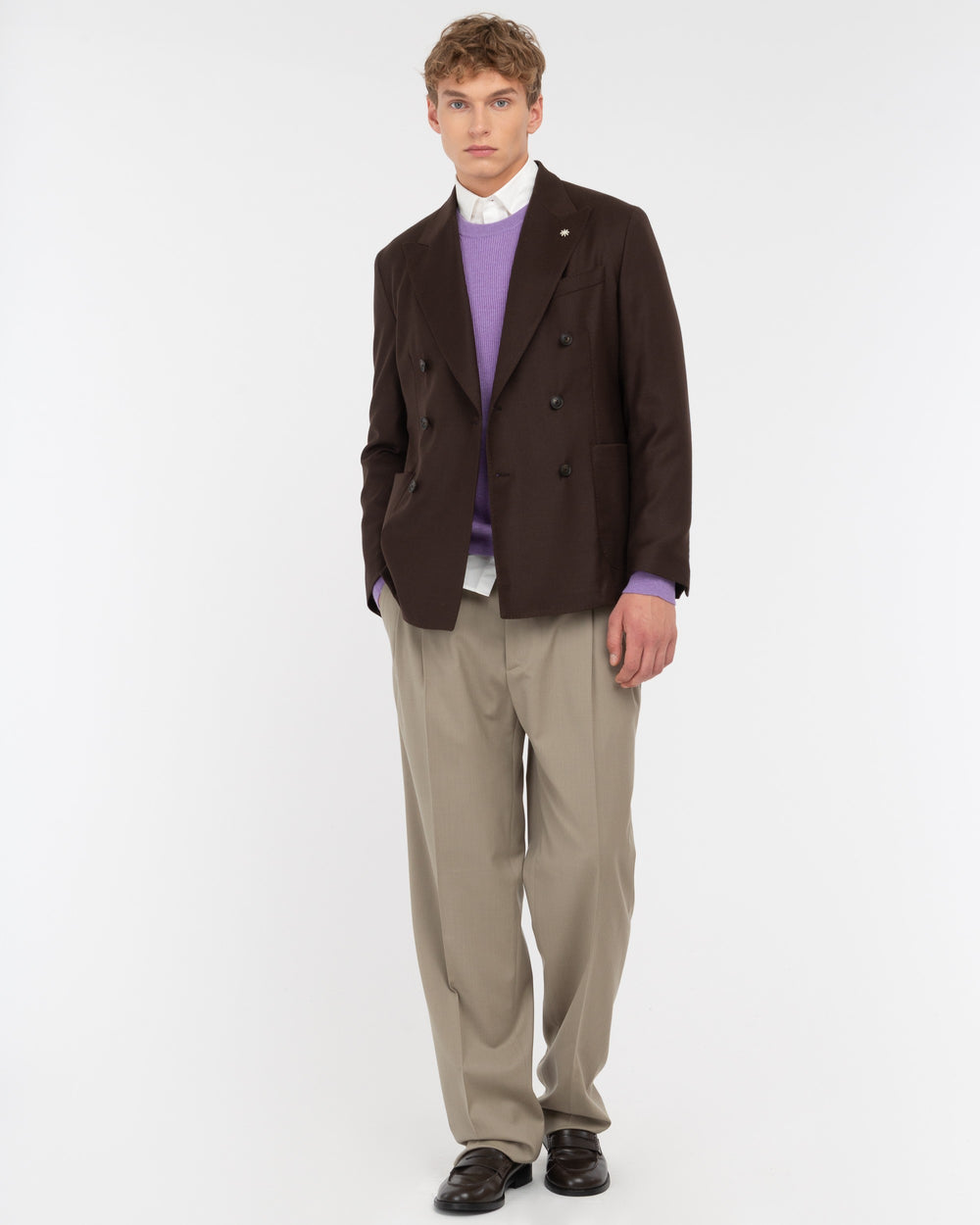 brown stretch wool flannel double breasted nuvola blazer