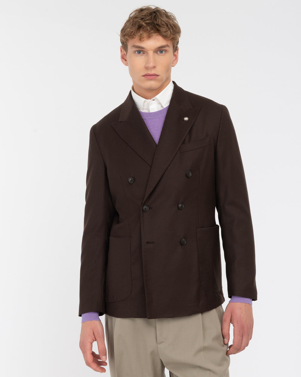 brown stretch wool flannel double breasted nuvola blazer