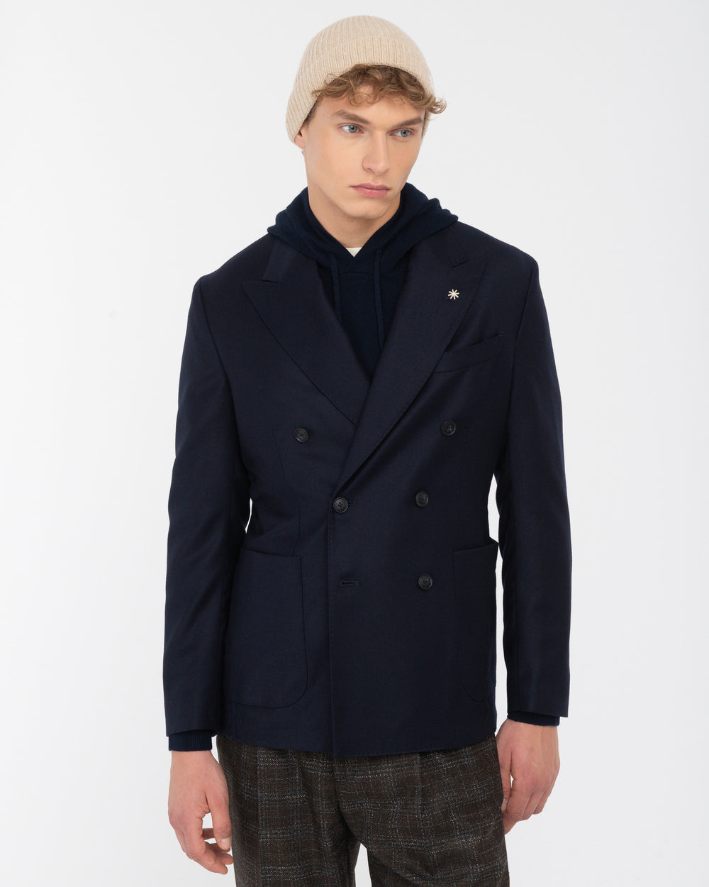 blue stretch wool flannel double breasted nuvola blazer