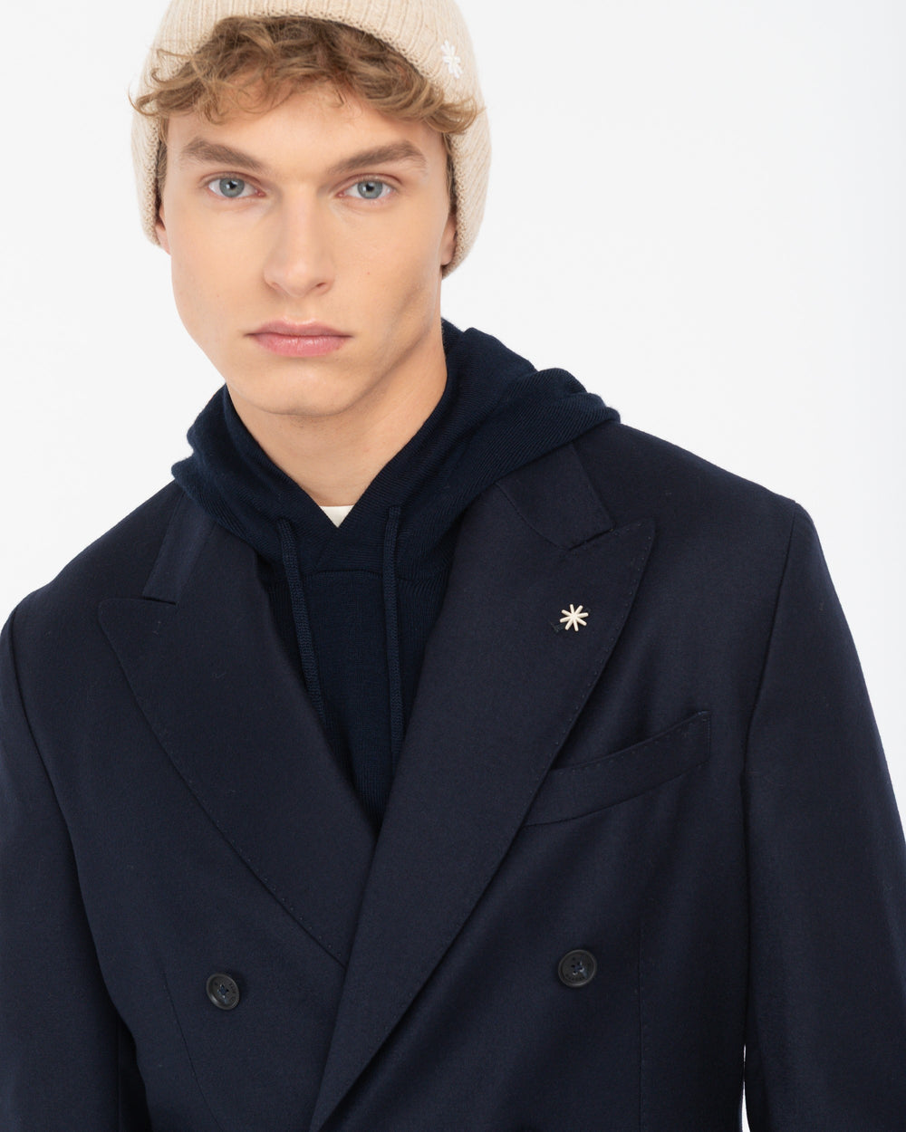 blue stretch wool flannel double breasted nuvola blazer