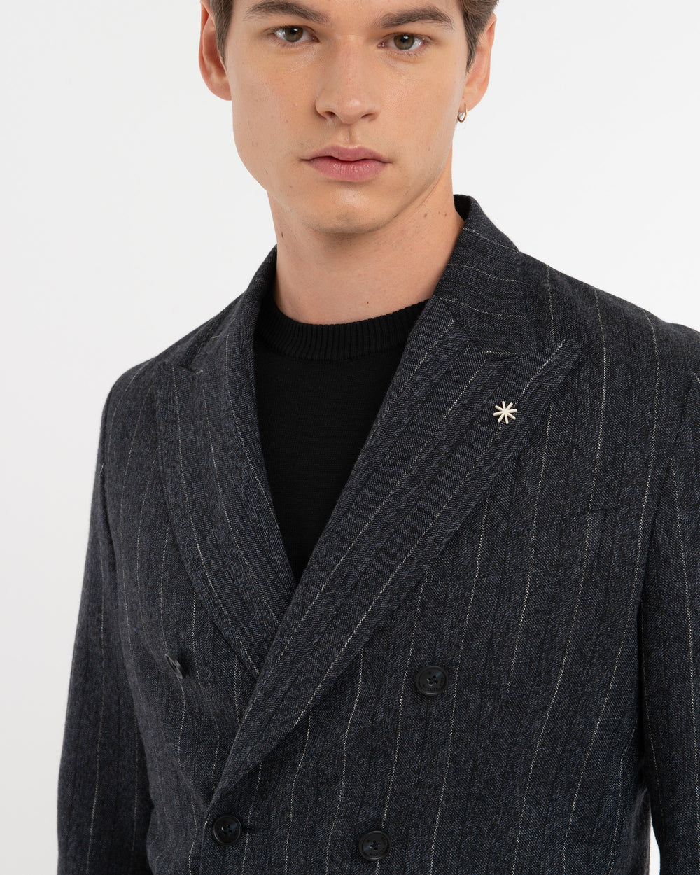 blue nuvola double breasted pinstripe blazer in wool cotton blend