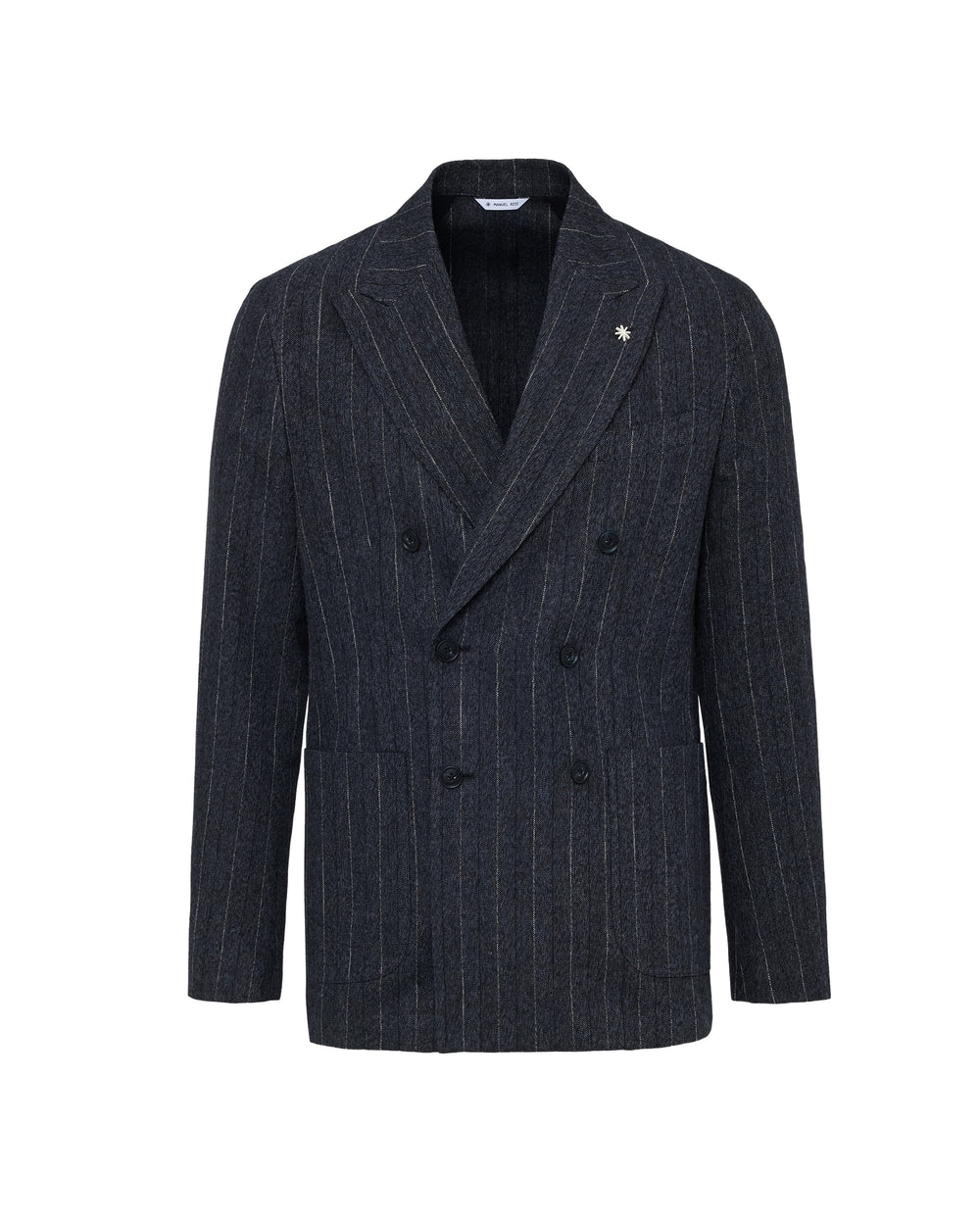 blue nuvola double breasted pinstripe blazer in wool cotton blend