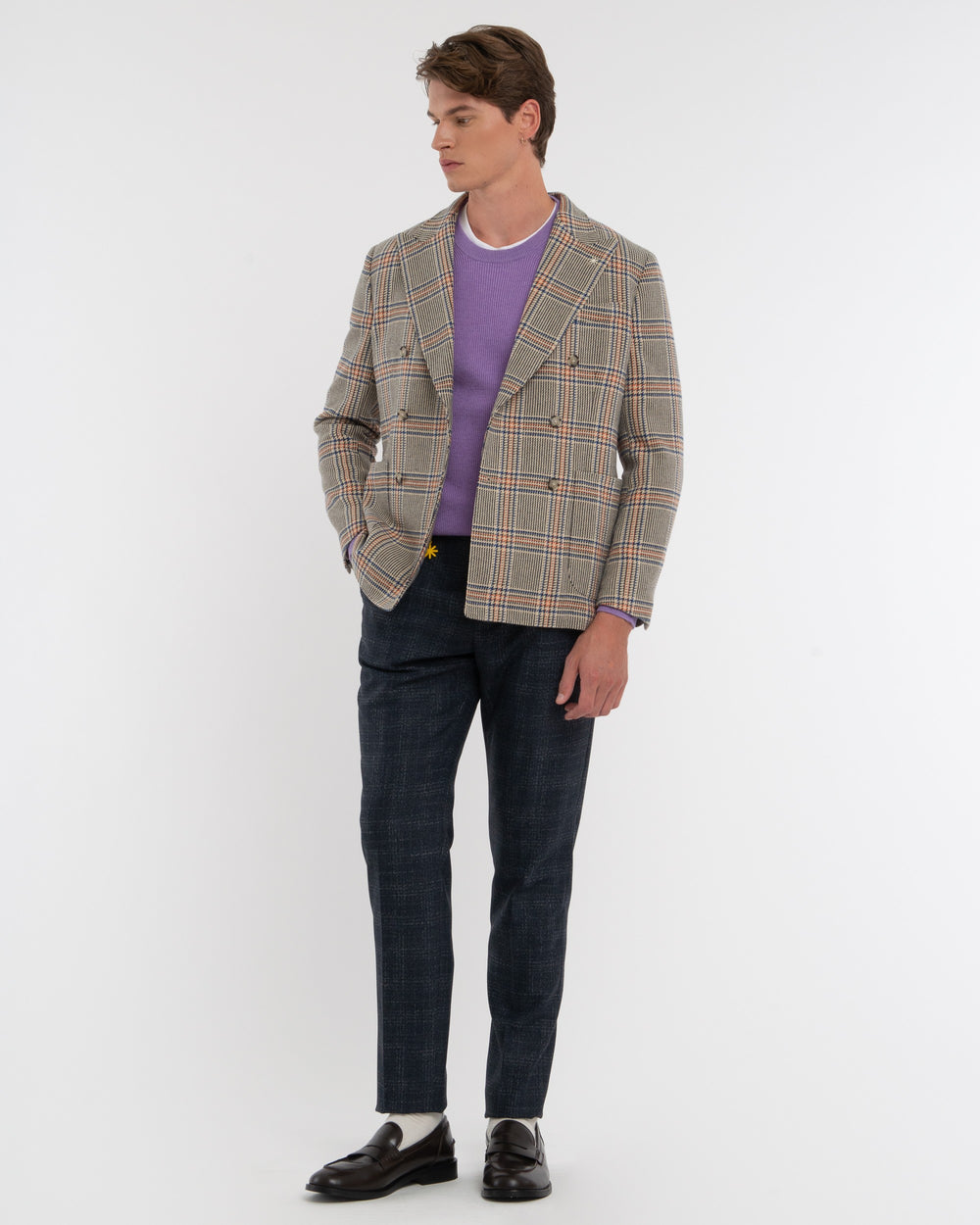 beige wool blend double breasted overcheck blazer