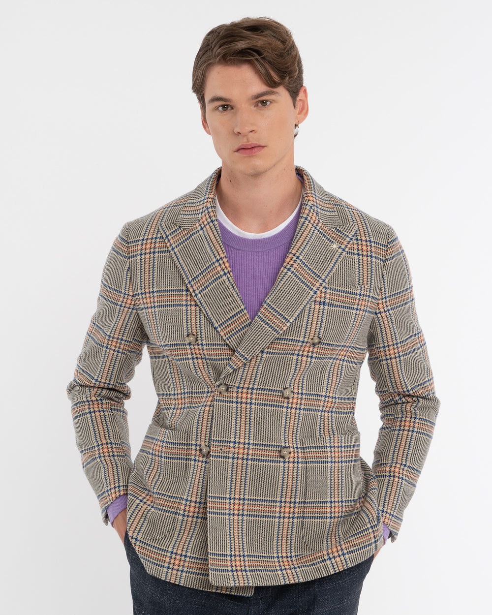 beige wool blend double breasted overcheck blazer