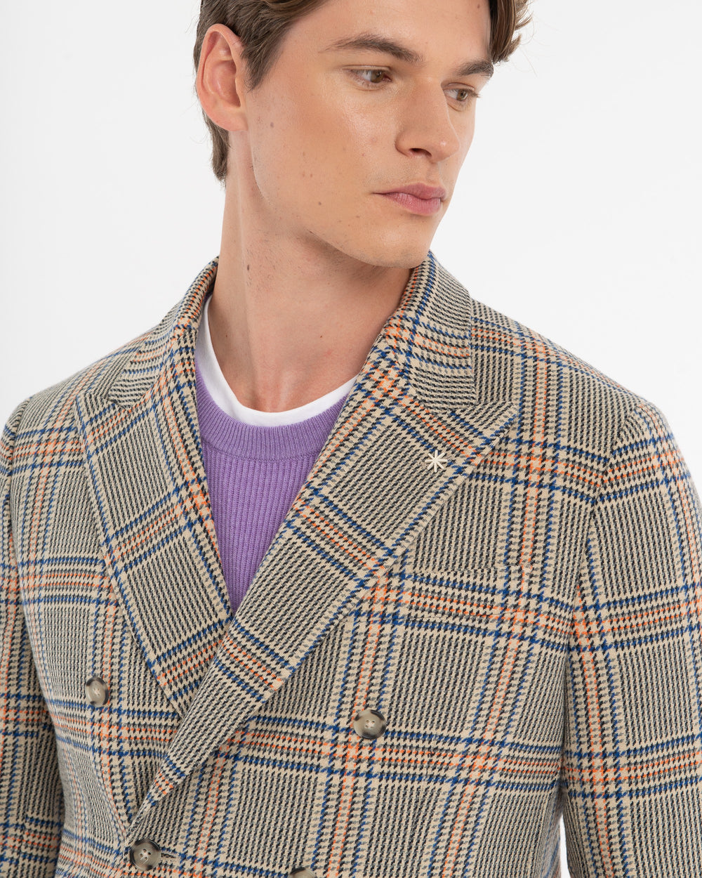 beige wool blend double breasted overcheck blazer