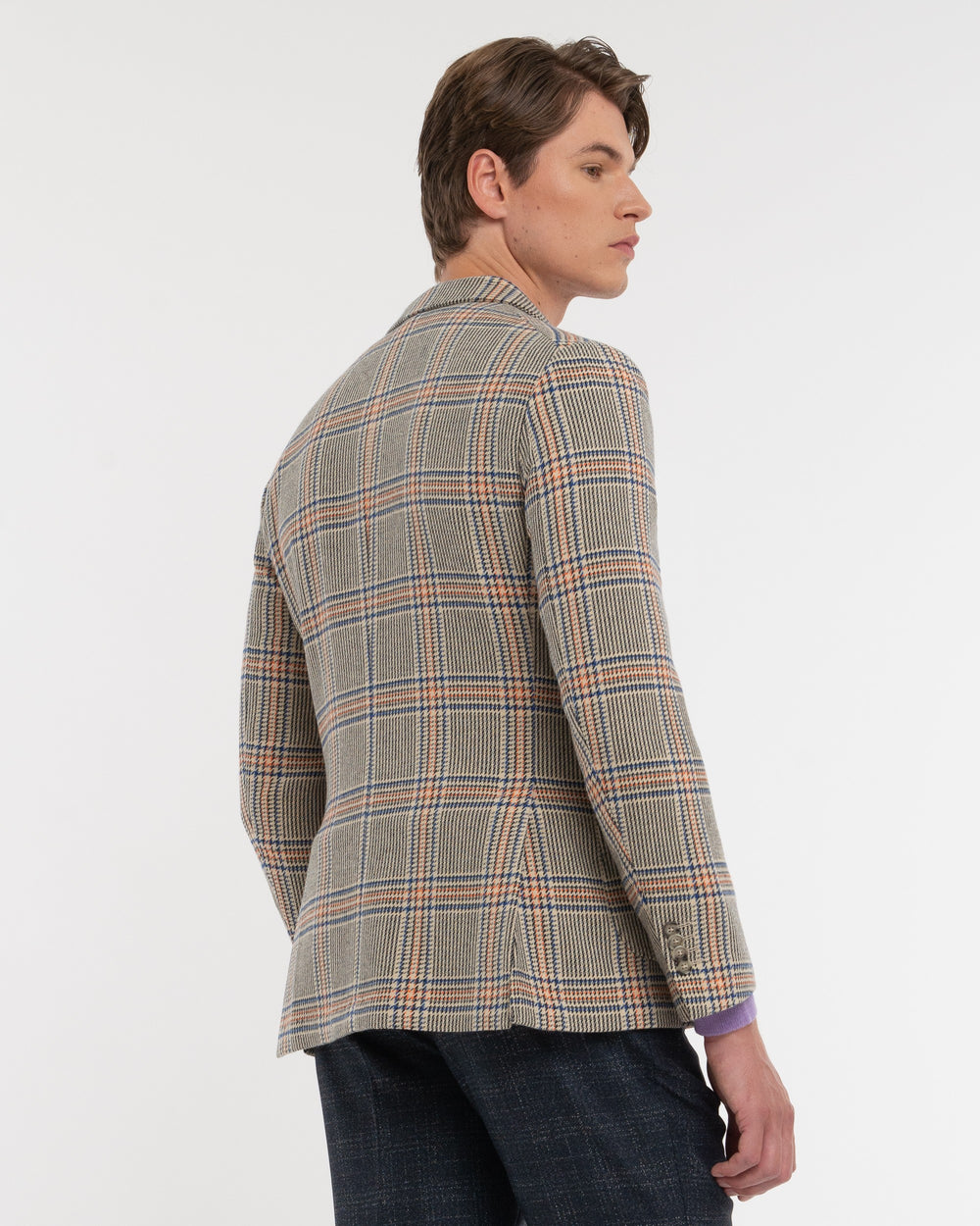 beige wool blend double breasted overcheck blazer