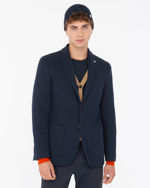blue stretch cotton blend piqué jersey blazer
