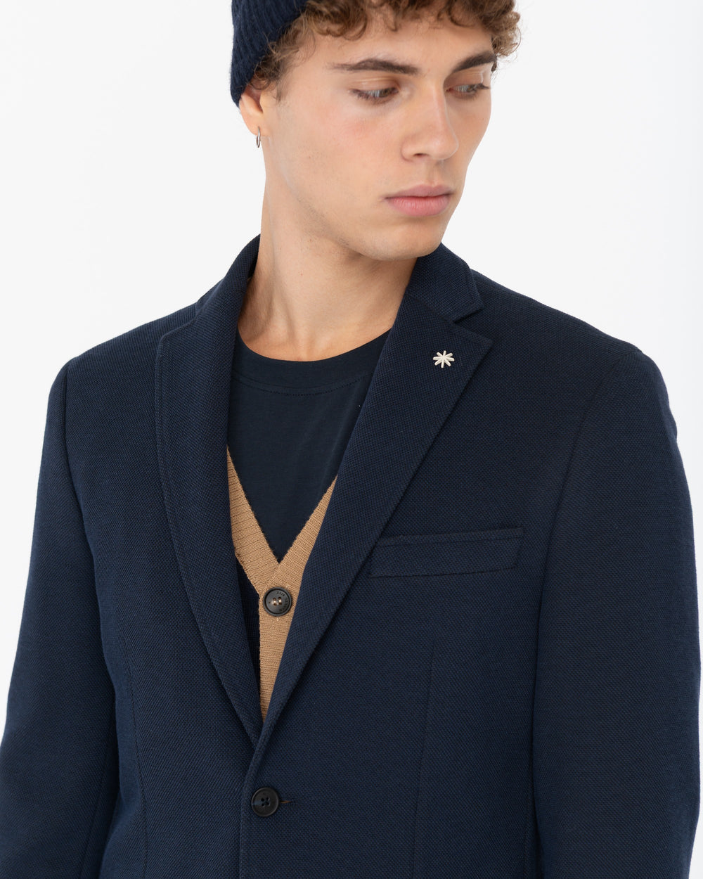 blue stretch cotton blend piqué jersey blazer