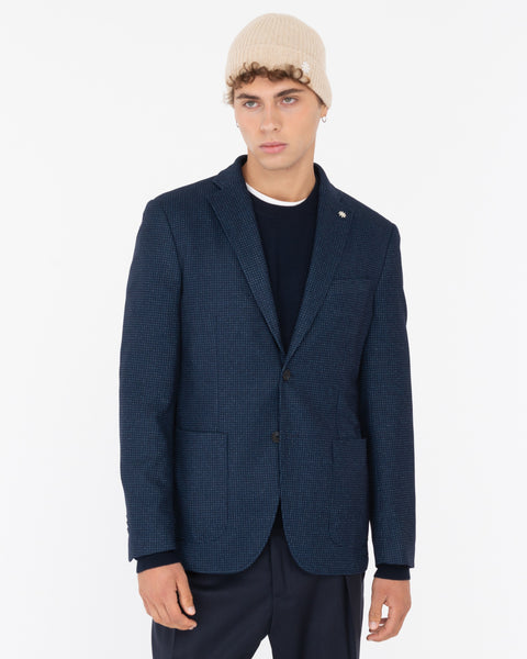 blue micro patterned viscose blend jersey blazer