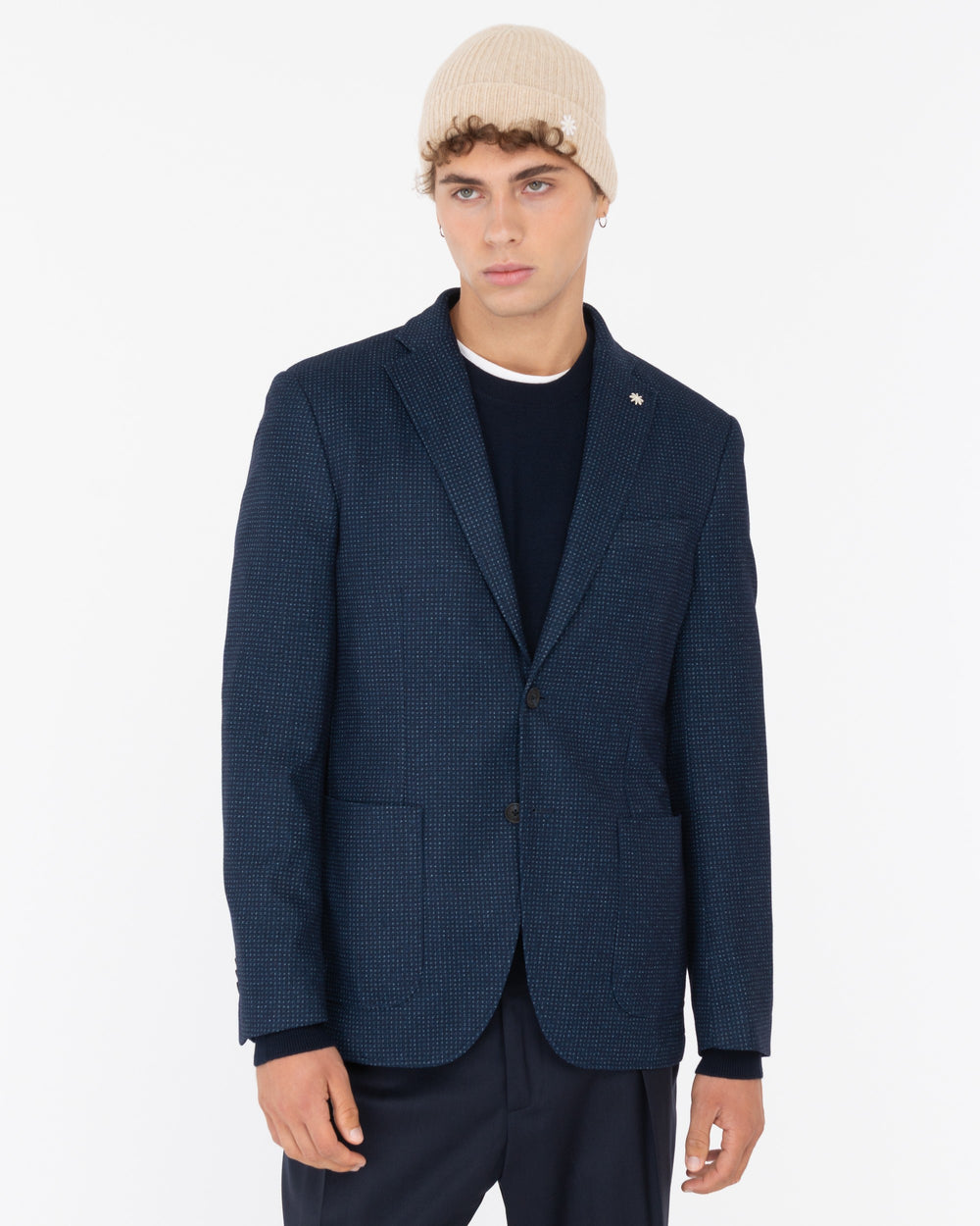 blue micro patterned viscose blend jersey blazer