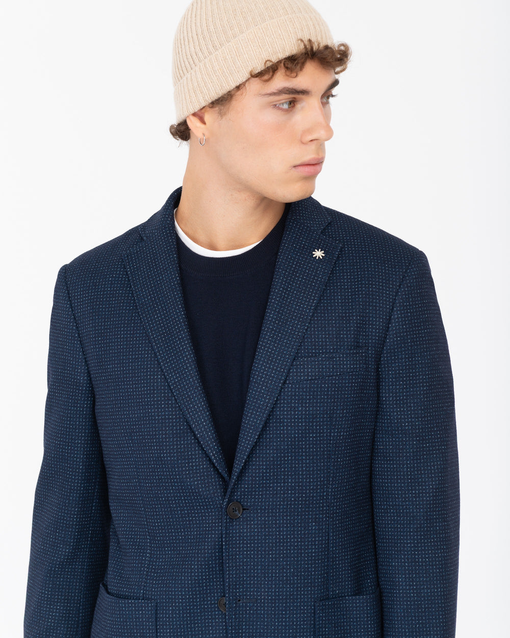 blue micro patterned viscose blend jersey blazer