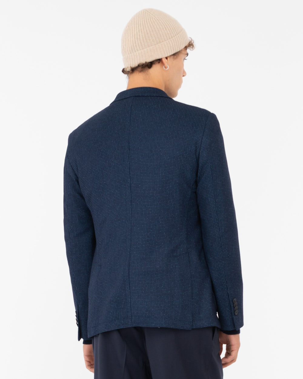 blue micro patterned viscose blend jersey blazer