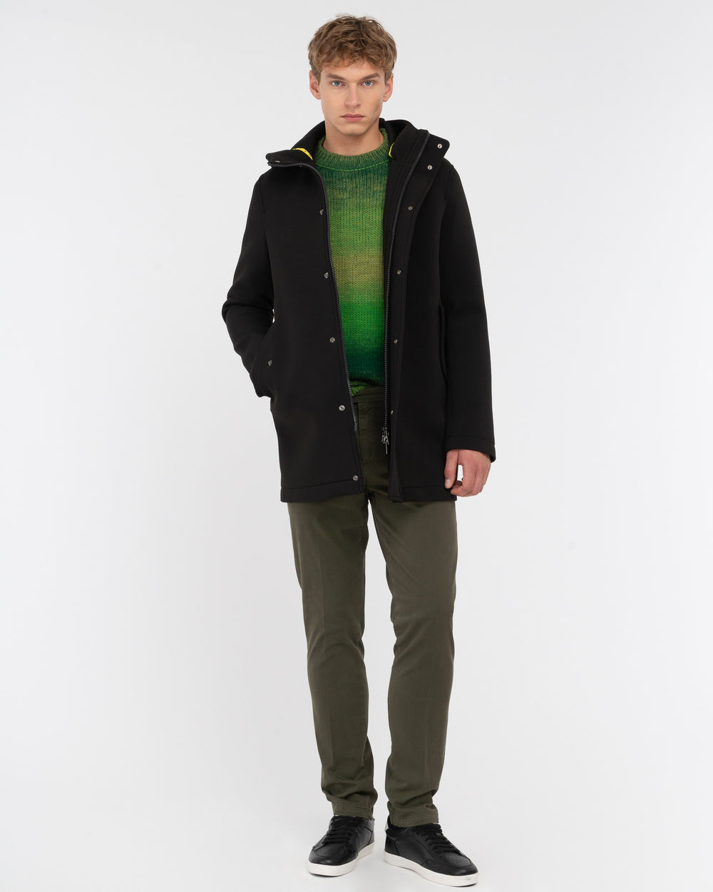 black stretch bonded technical scuba parka