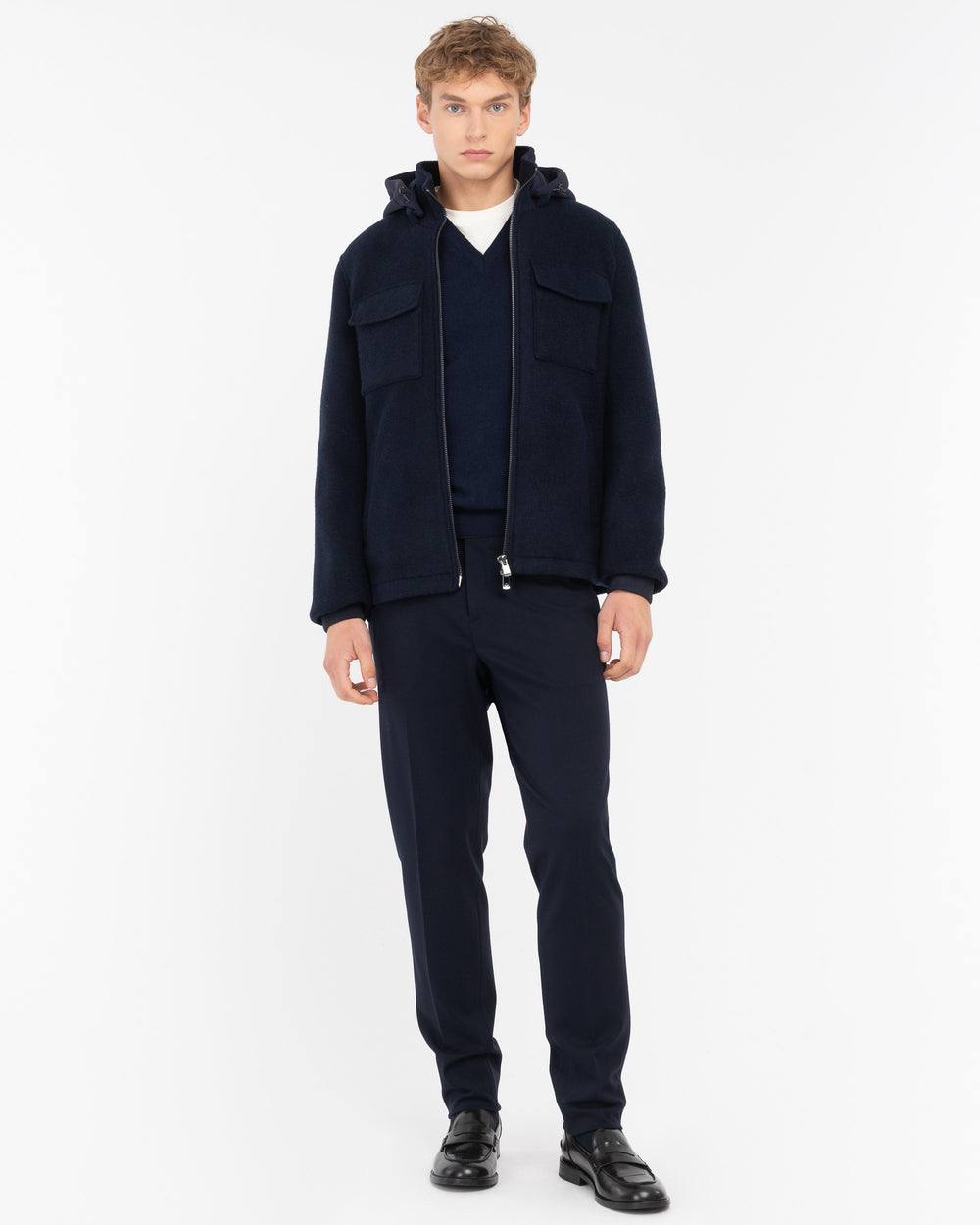 blue neoprene bonded jersey bomber jacket