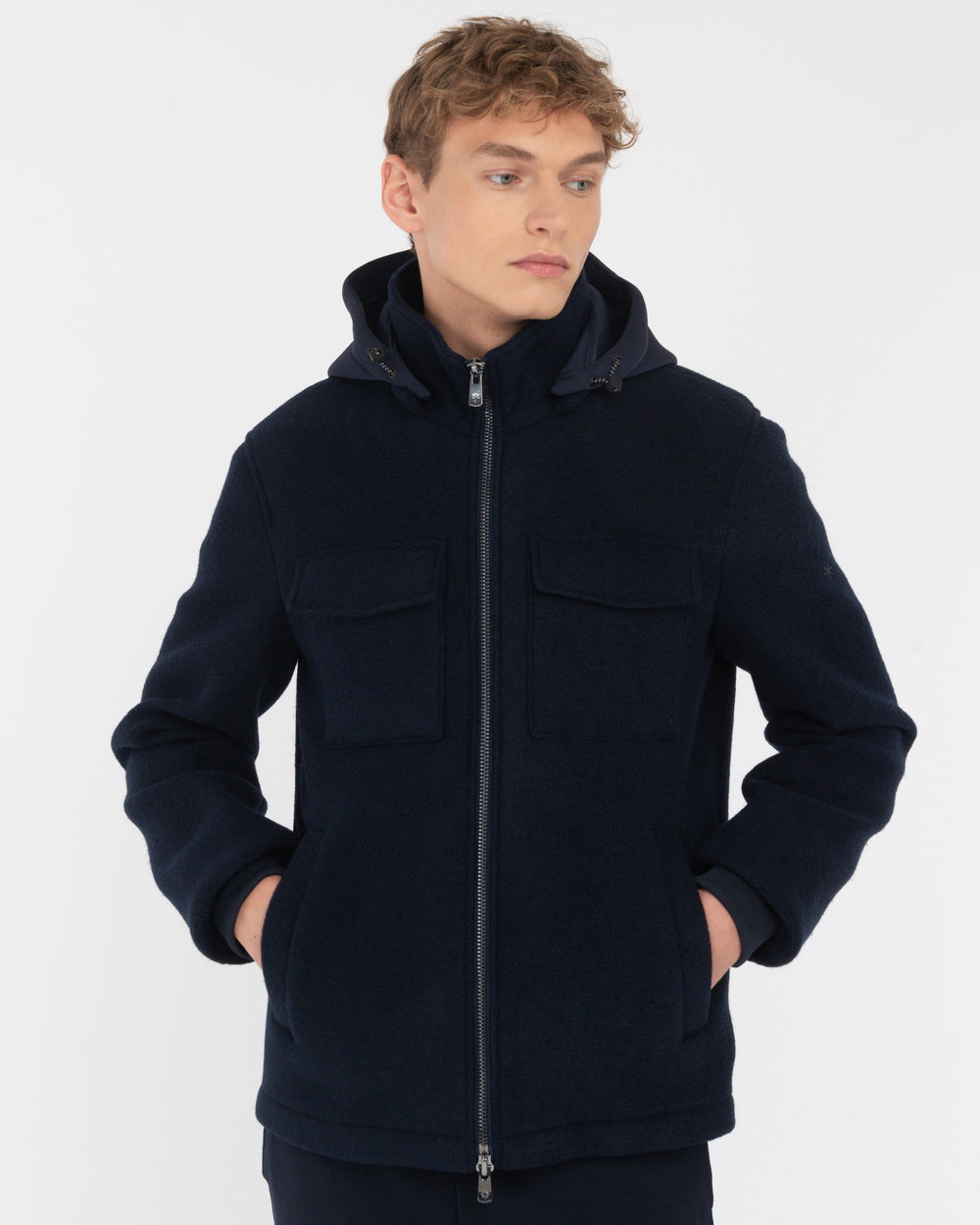 blue neoprene bonded jersey bomber jacket