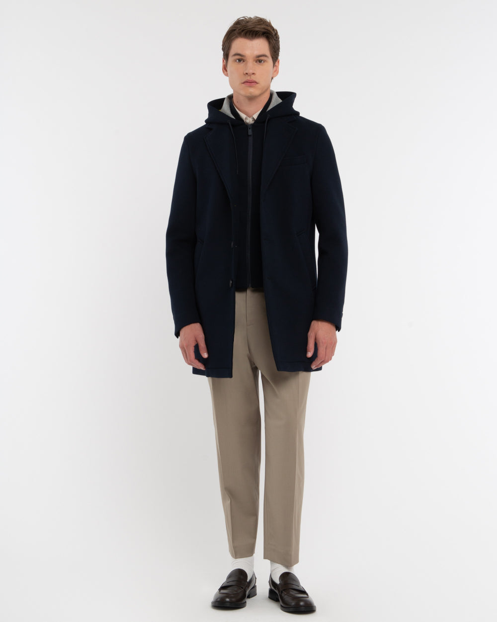 blue hooded coat in neoprene bonded jersey