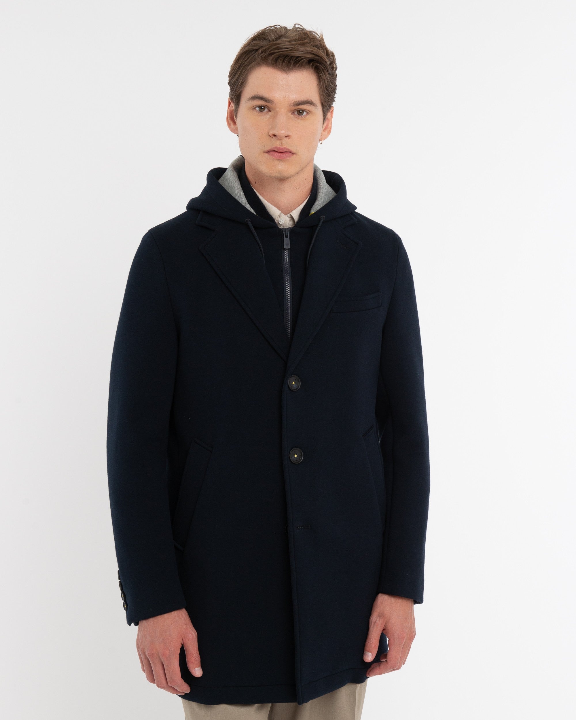 blue hooded coat in neoprene bonded jersey - Manuel Ritz Official
