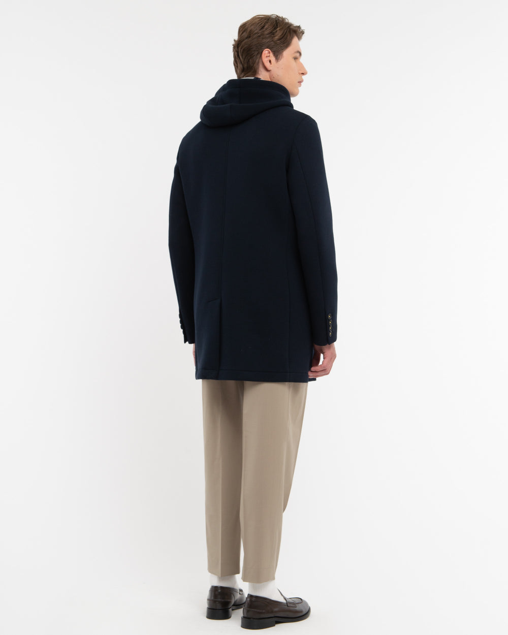 blue hooded coat in neoprene bonded jersey