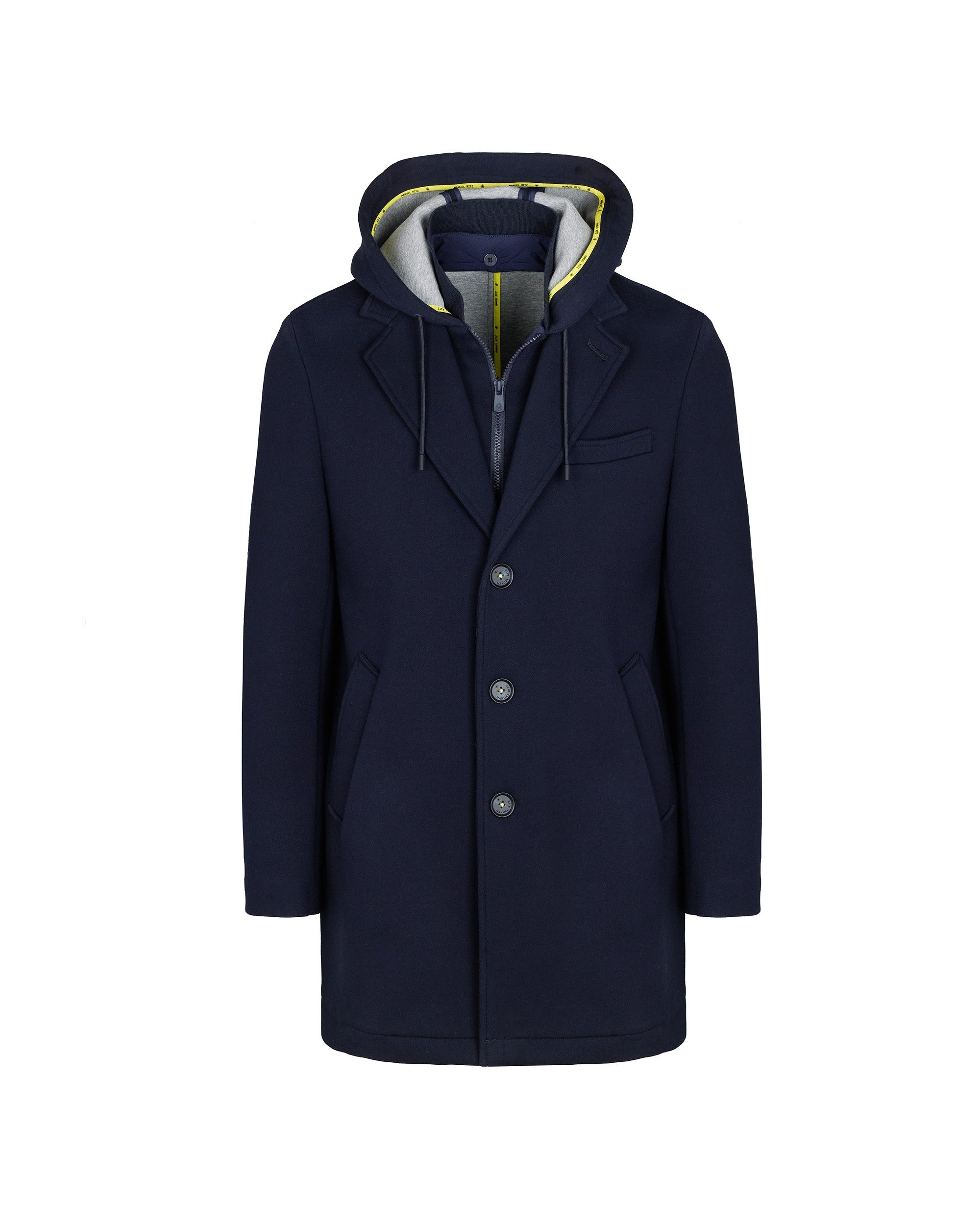 blue hooded coat in neoprene bonded jersey - Manuel Ritz Official