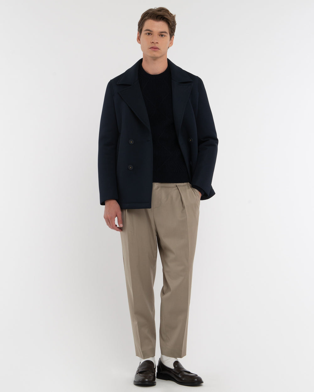 blue laminated technical stretch scuba peacoat