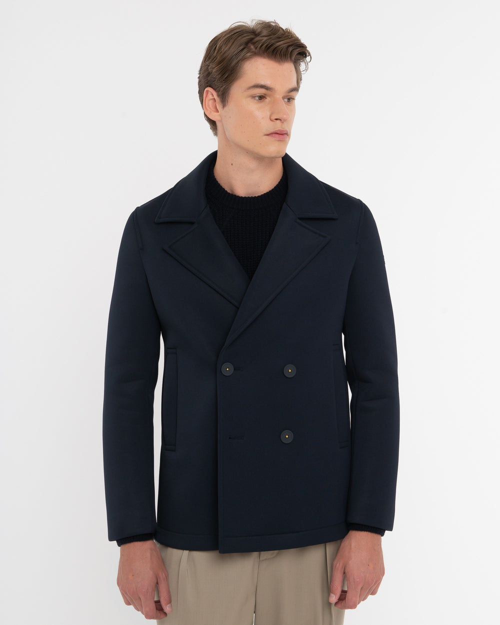 blue laminated technical stretch scuba peacoat
