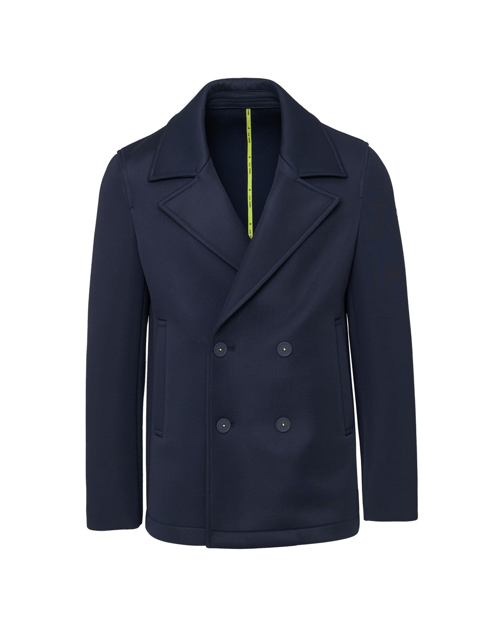 blue laminated technical stretch scuba peacoat