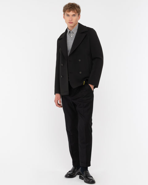 black laminated technical stretch scuba peacoat