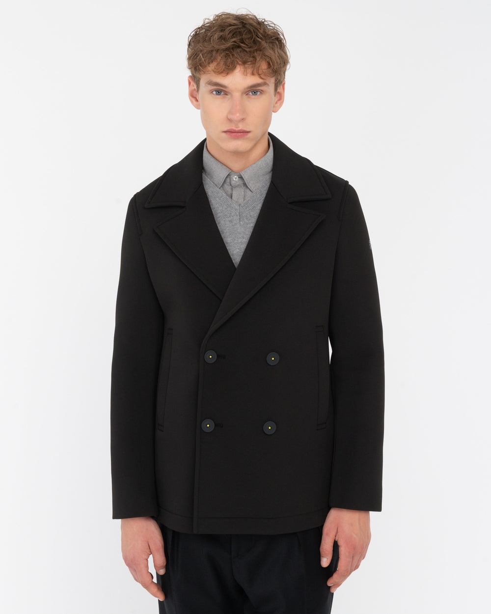 black laminated technical stretch scuba peacoat