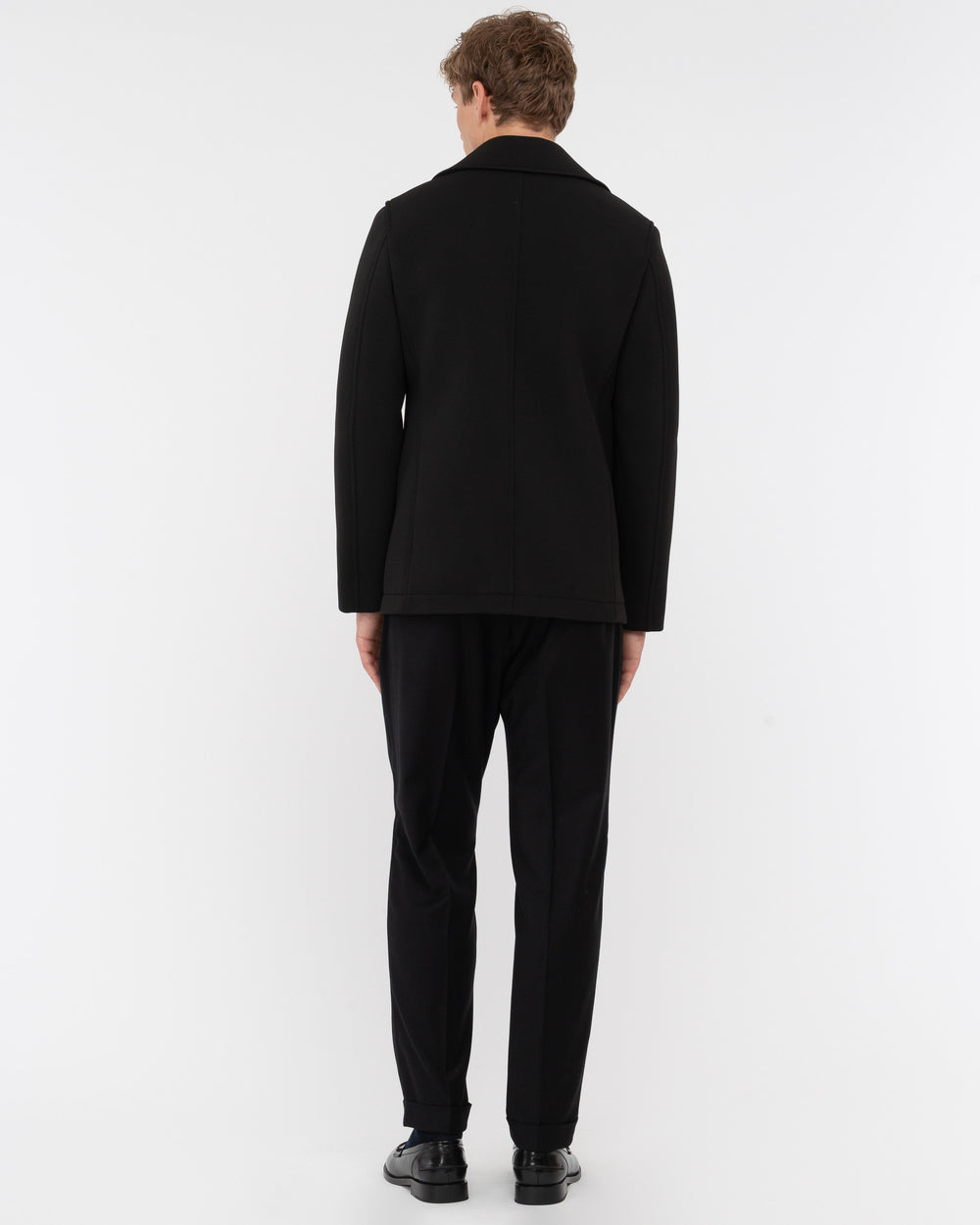 black laminated technical stretch scuba peacoat