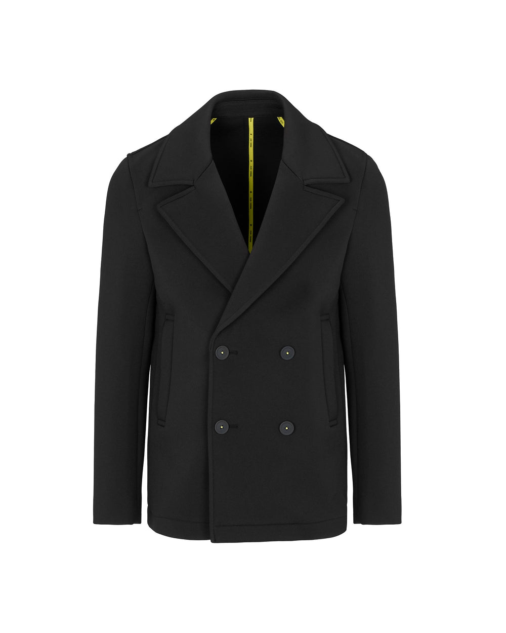 black laminated technical stretch scuba peacoat