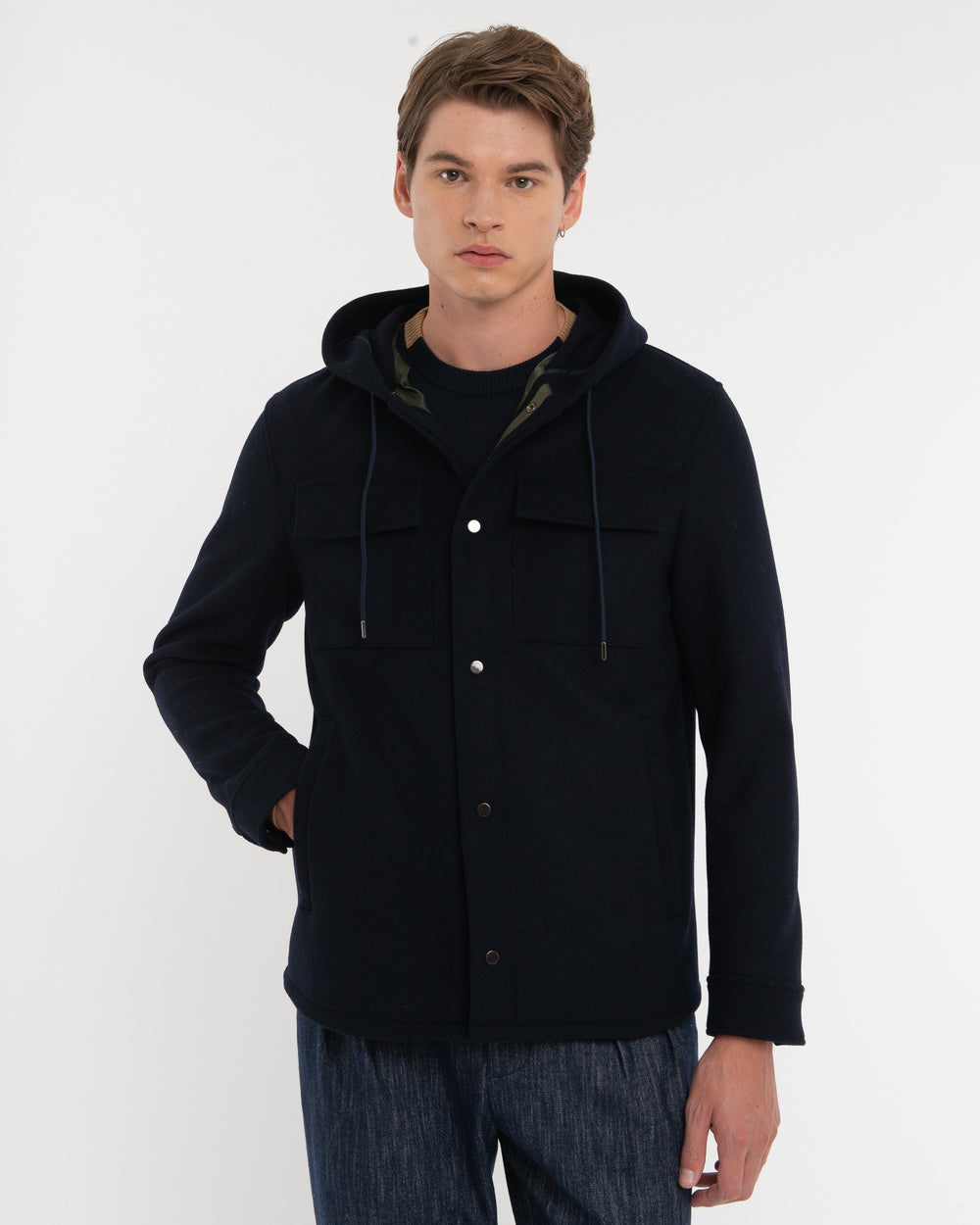 blue wool blend hooded jacket