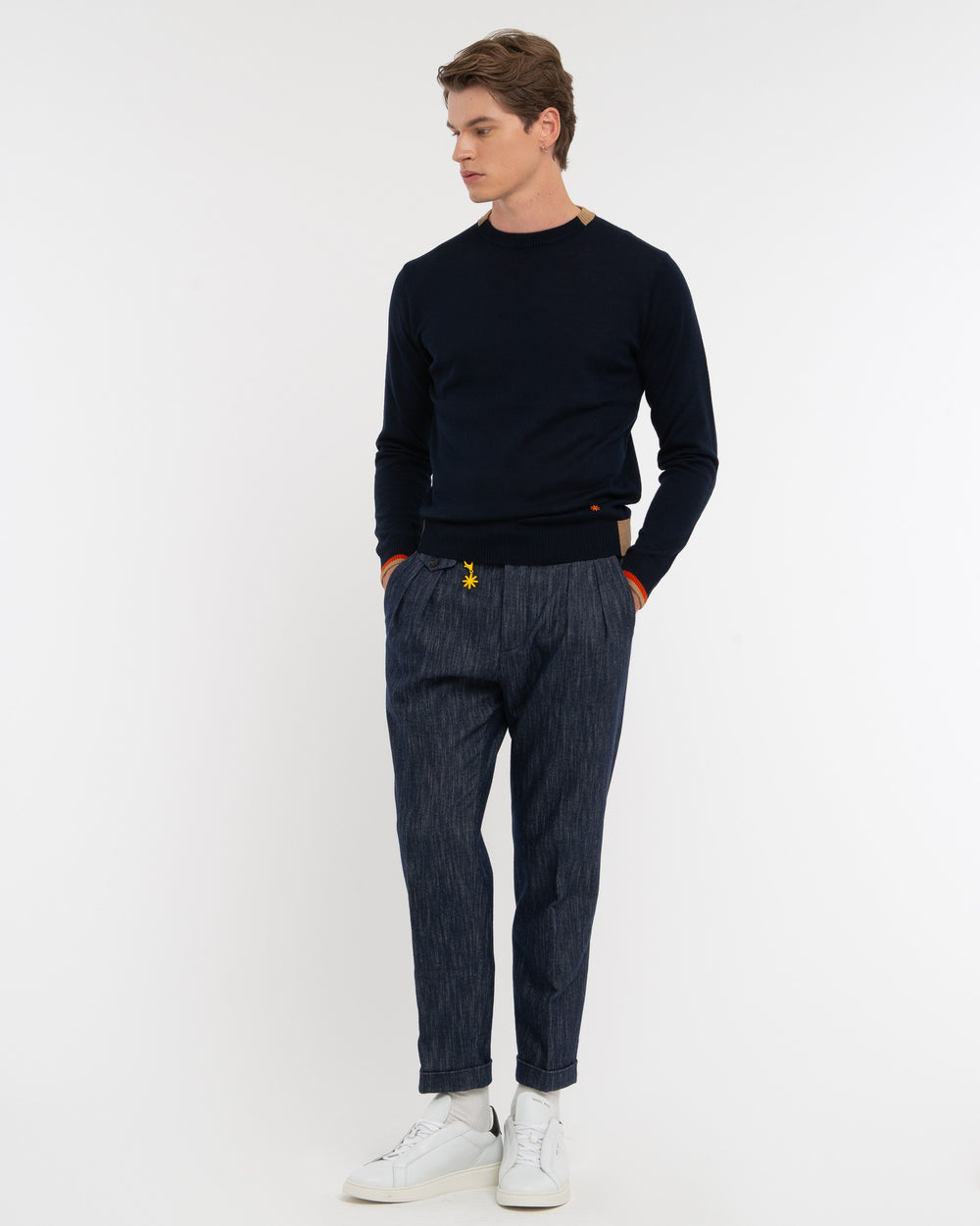 blue wool blend sweater with contrasts