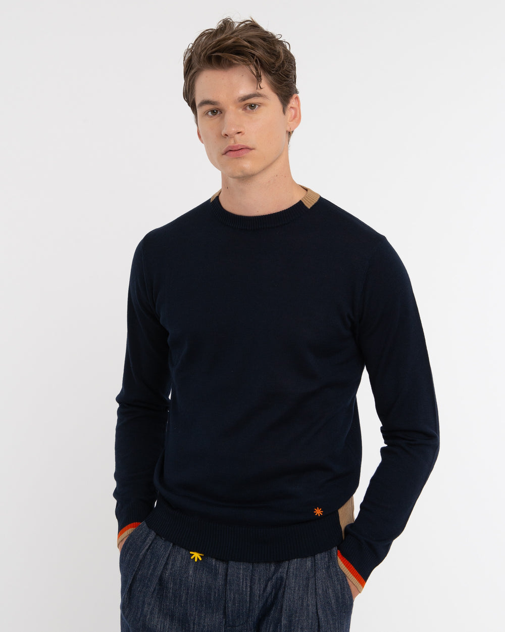 blue wool blend sweater with contrasts