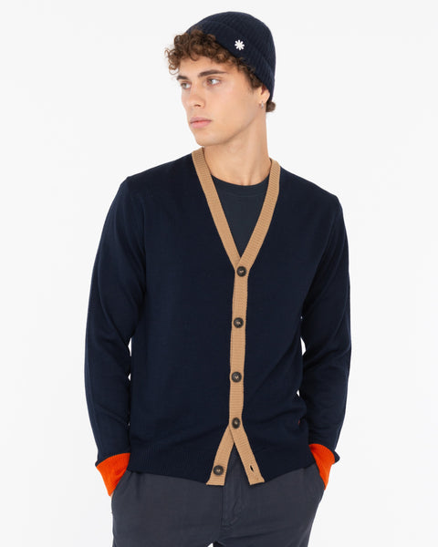 blue wool blend contrast cardigan