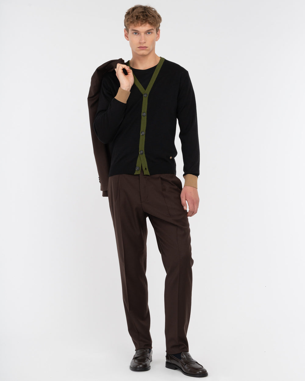 black wool blend contrast cardigan