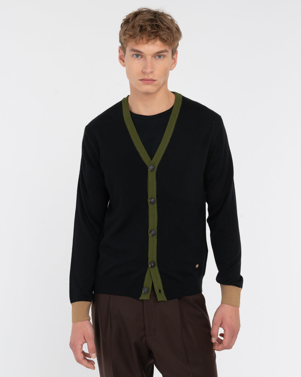 black wool blend contrast cardigan