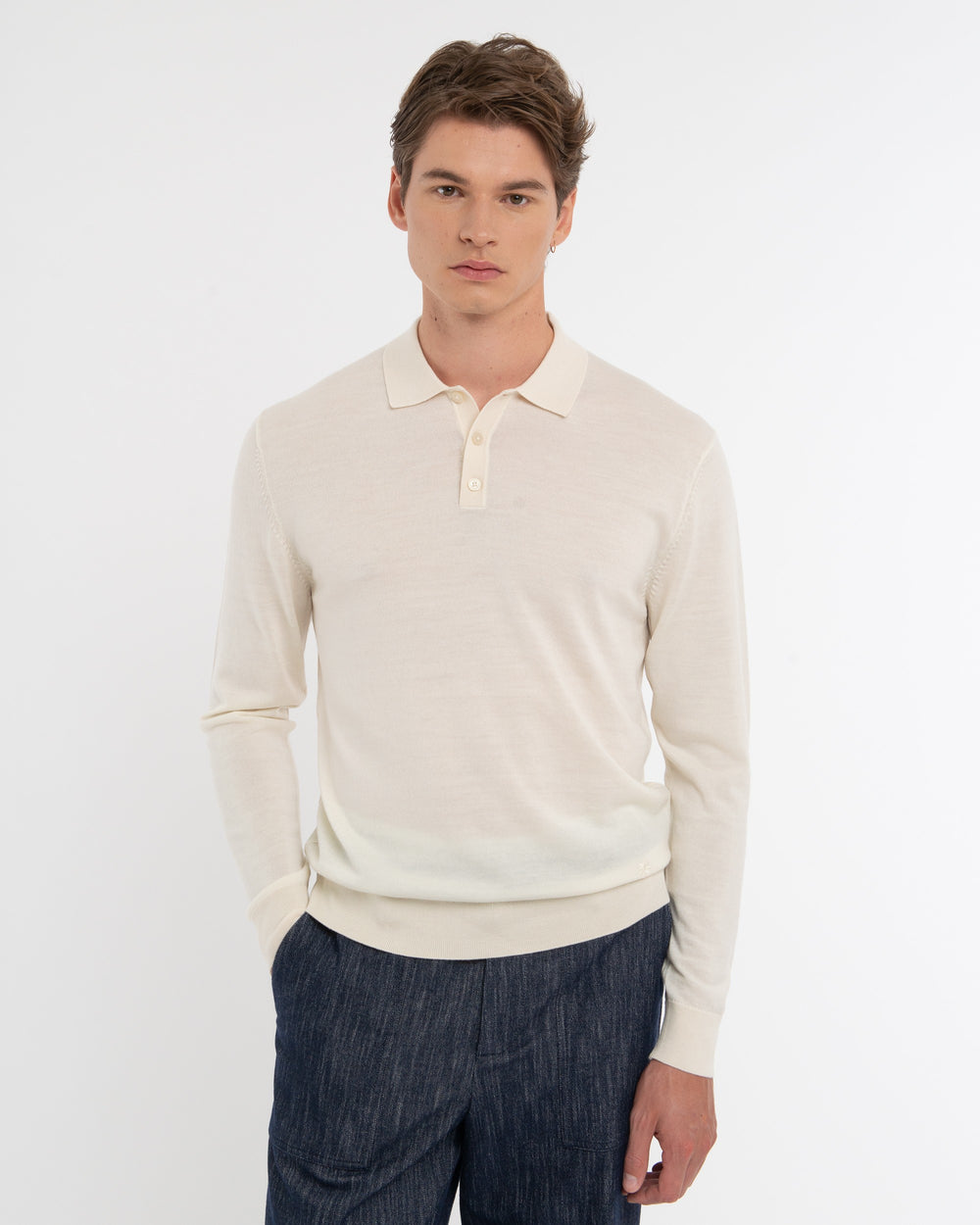 white pure wool long sleeved polo shirt