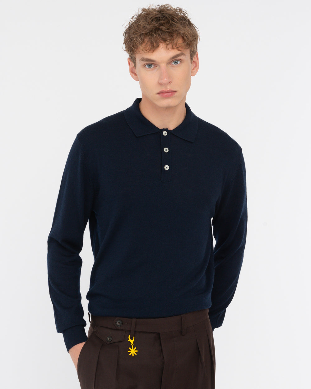 blue pure wool long sleeved polo shirt
