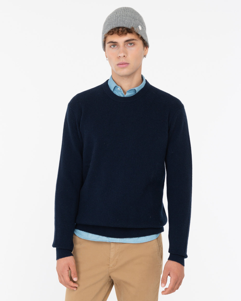 blue crew-neck wool rib sweater