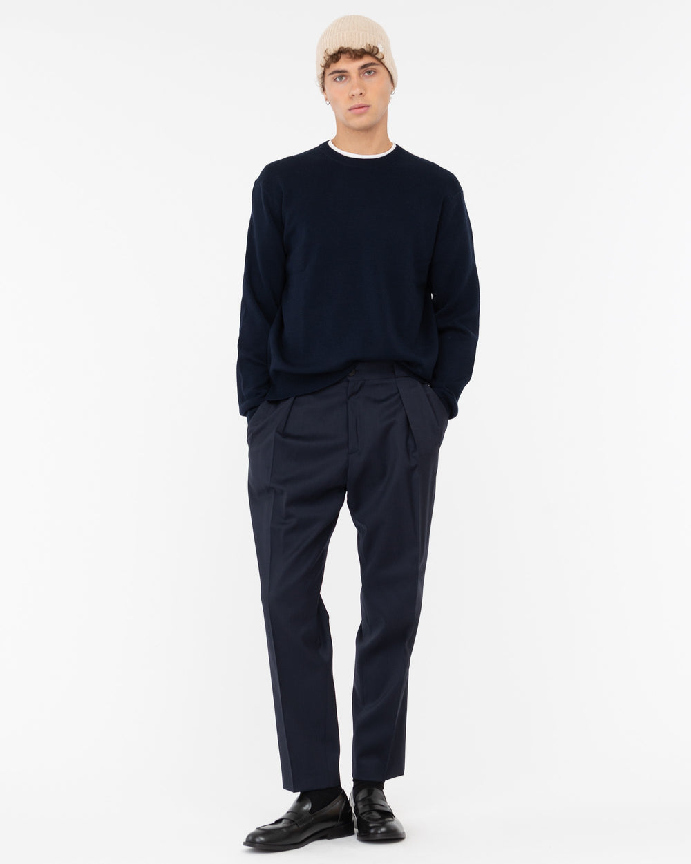 blue wool blend round neck sweater