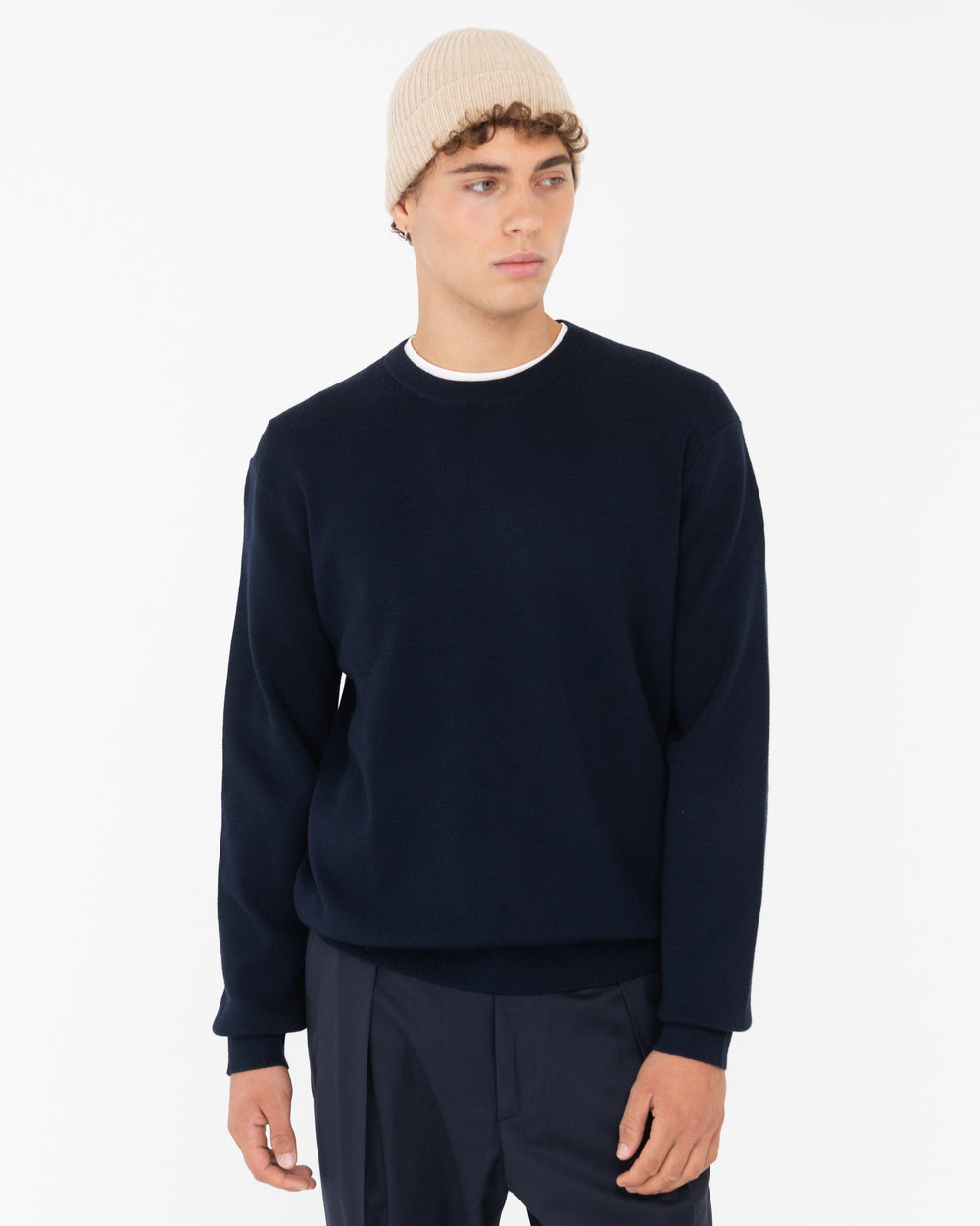 blue wool blend round neck sweater