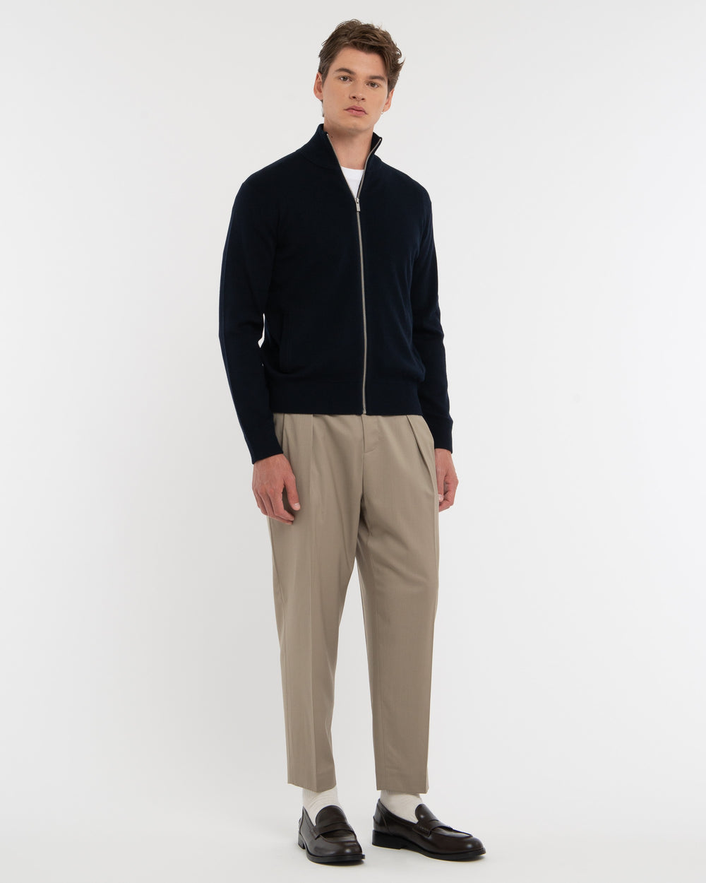 blue wool blend full zip cardigan