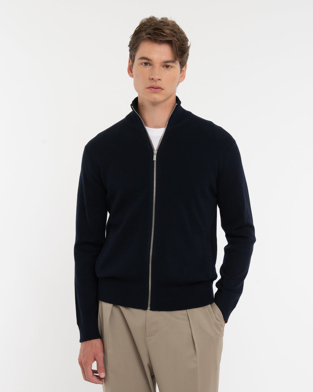 blue wool blend full zip cardigan