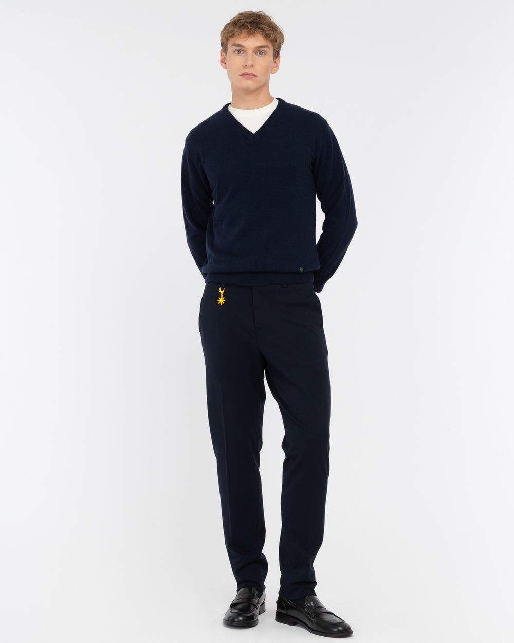 blue v neck sweater pure wool carded