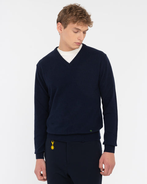 blue v neck sweater pure wool carded