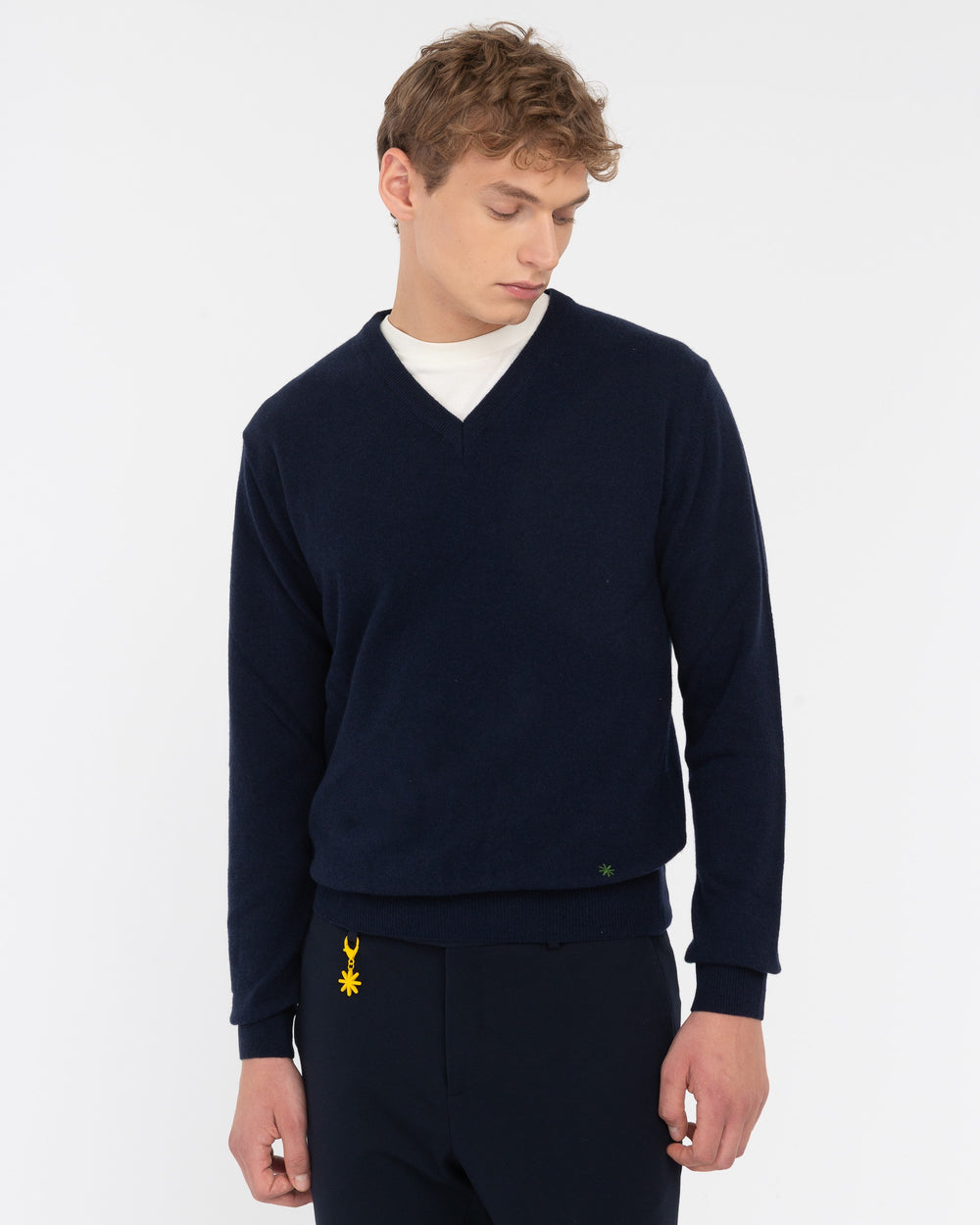 blue v neck sweater pure wool carded