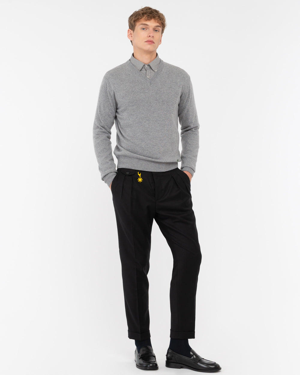 gray v neck sweater pure wool carded