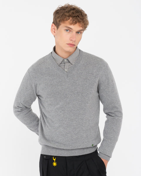 gray v neck sweater pure wool carded