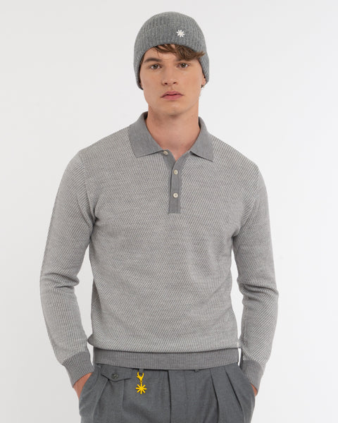 gray wool blend jacquard polo shirt