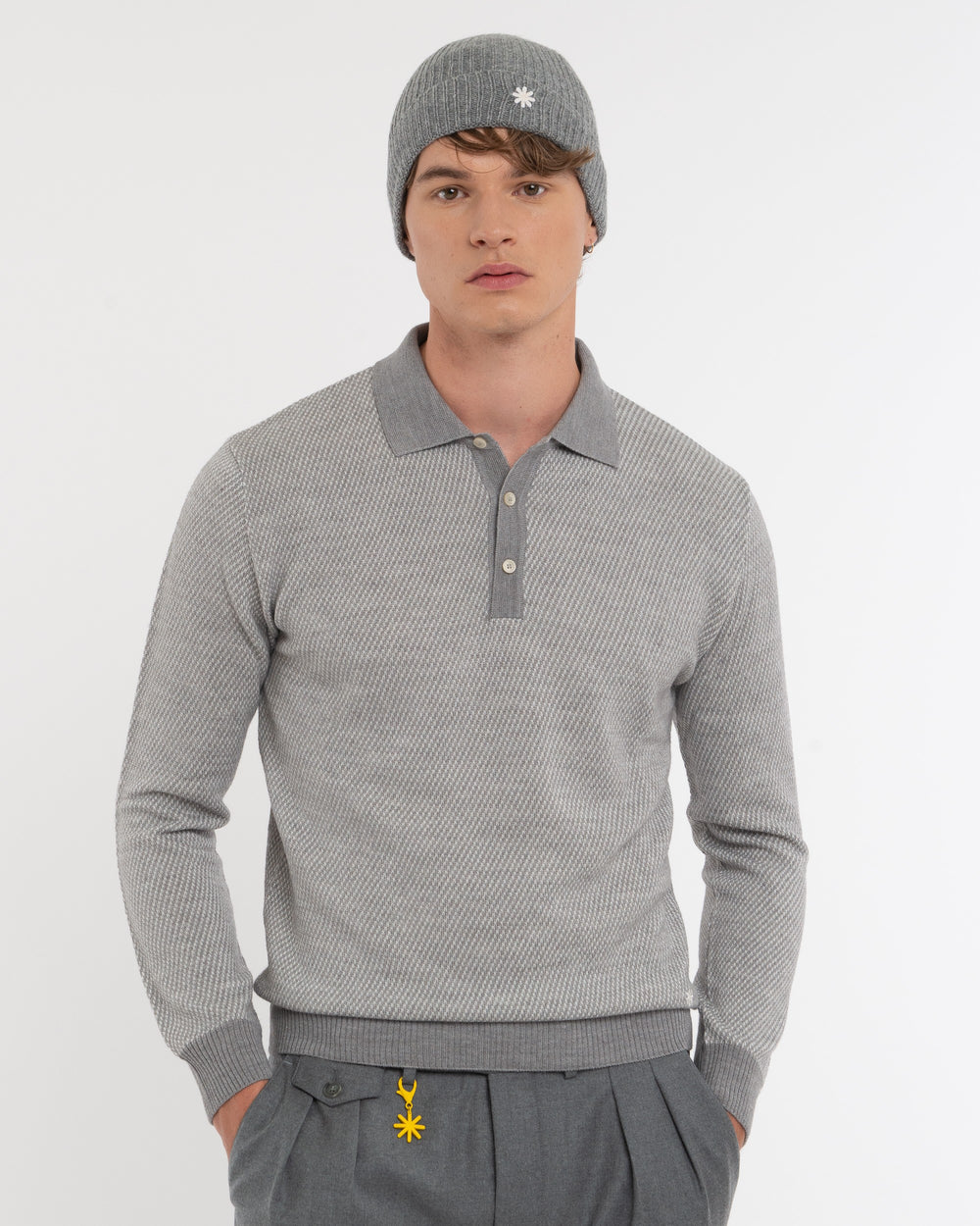 gray wool blend jacquard polo shirt